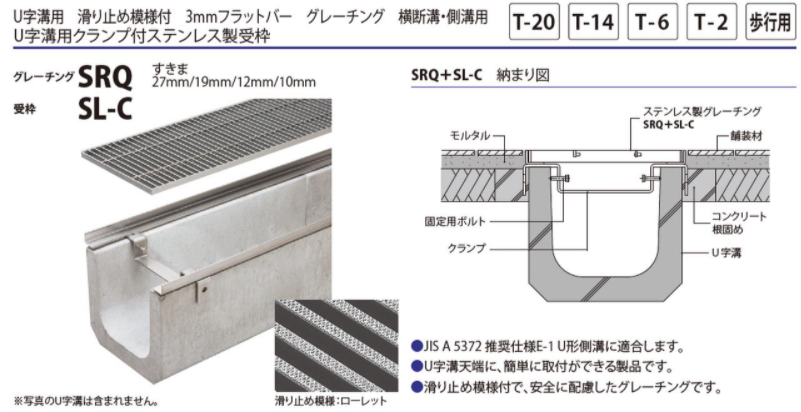 カネソウ　SUSグレーチング　滑り止め模様付横断溝・側溝用　(SMQ-15020-P=15-RL本体のみ)すきま11mm　寸法：500×994×20 - 2